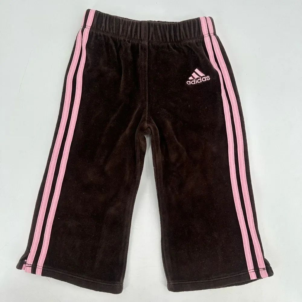 Y2K Adidas Brown Velour Baby Track Pants Brown Pink Stripe Size 18 Months